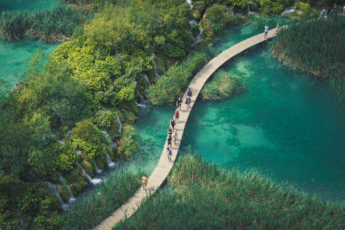 Persone passeggiano su una passerella tra un paesaggio verde lussureggiante e acqua turchese.